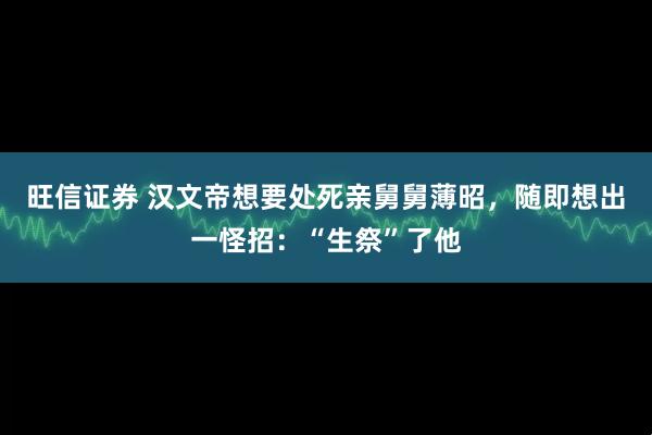 旺信证券 汉文帝想要处死亲舅舅薄昭，随即想出一怪招：“生祭”了他